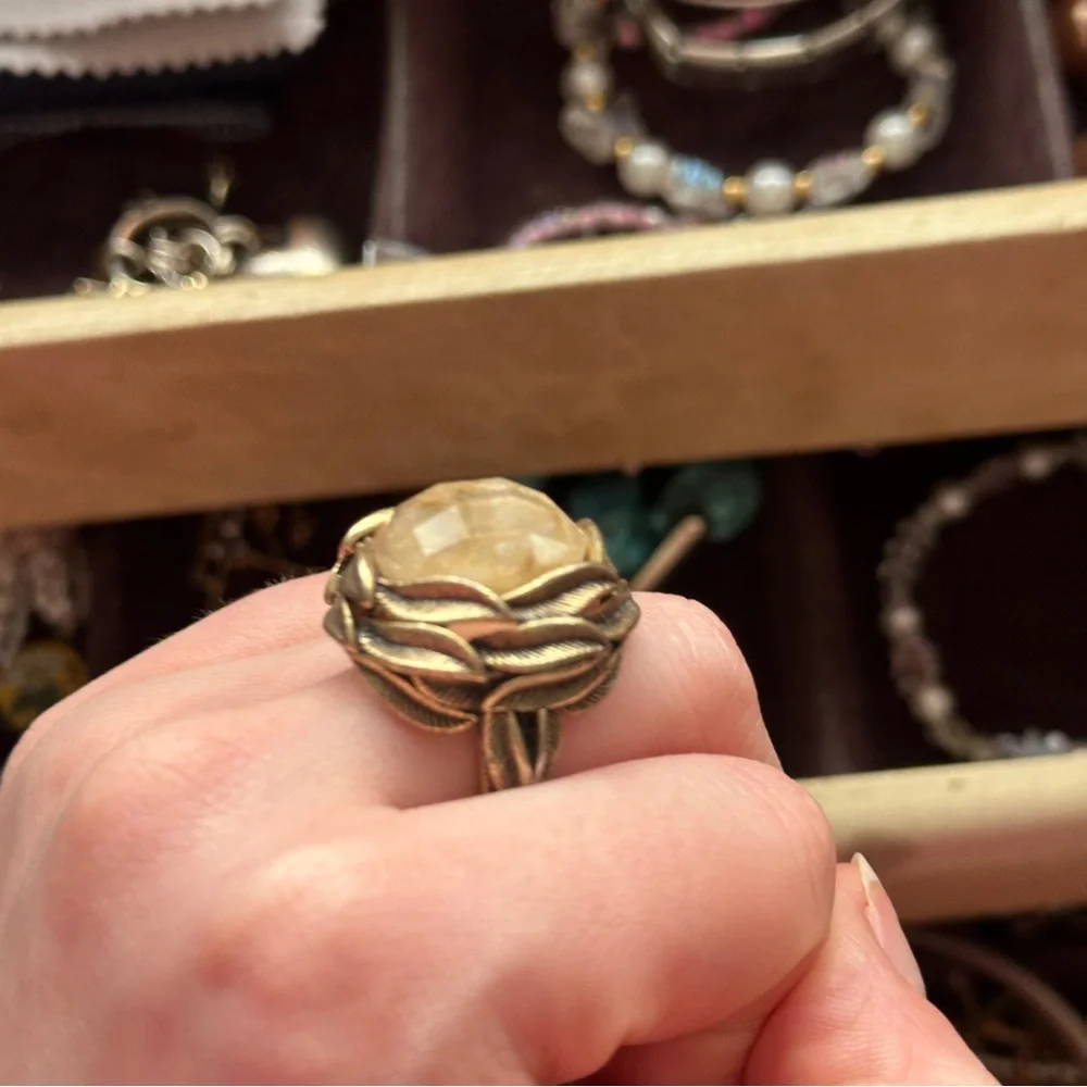 Vintage Bronze Rutilated Quartz Large Cocktail Ring Adjustable Band Gold Toned
